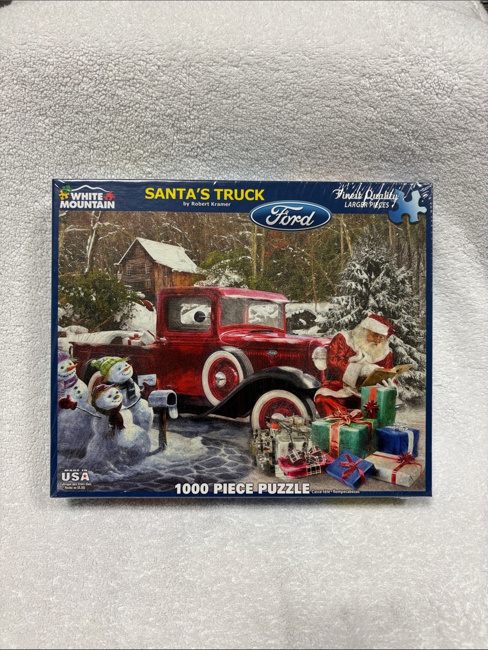 White Mountain Vintage Santa’s Red Ford Holiday Puzzle Scene 1000 pc new